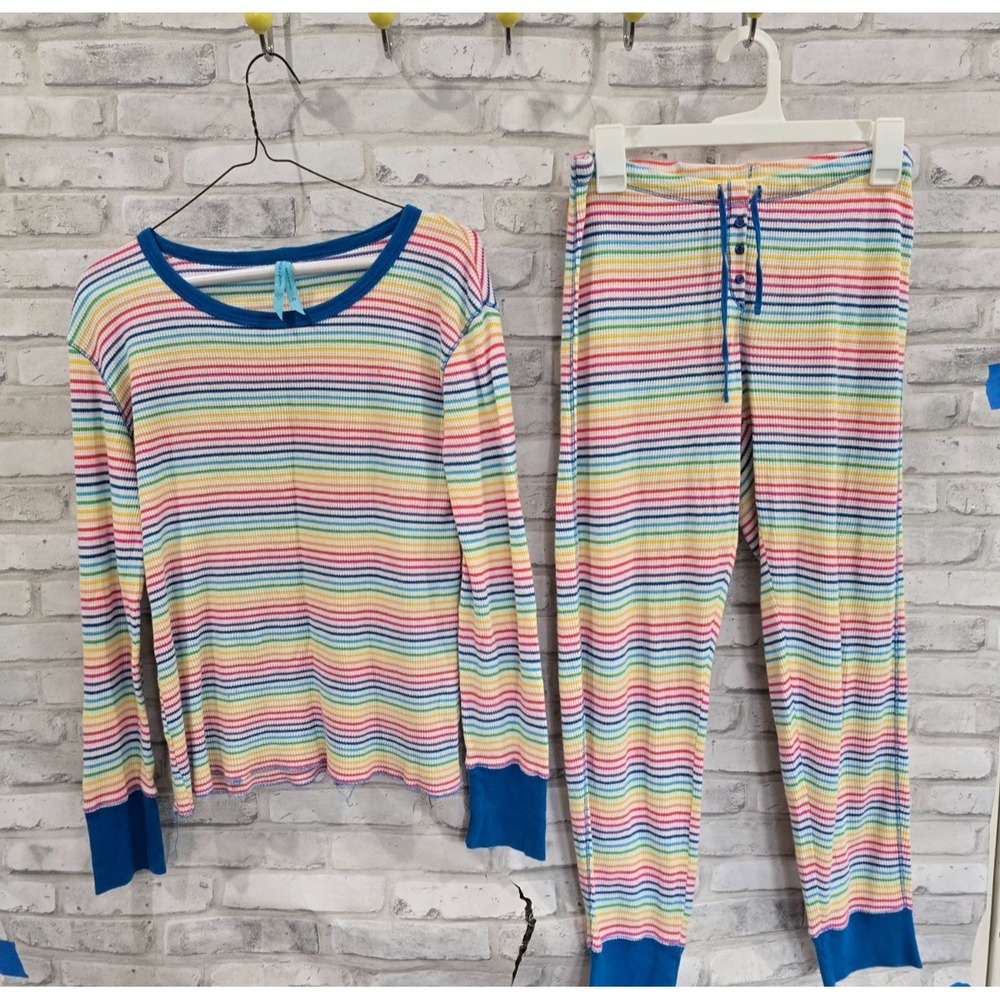 Victoria's Secret M 90's Rainbow Stripe Waffle Knit Pajama Long Sleeve/Long Pant